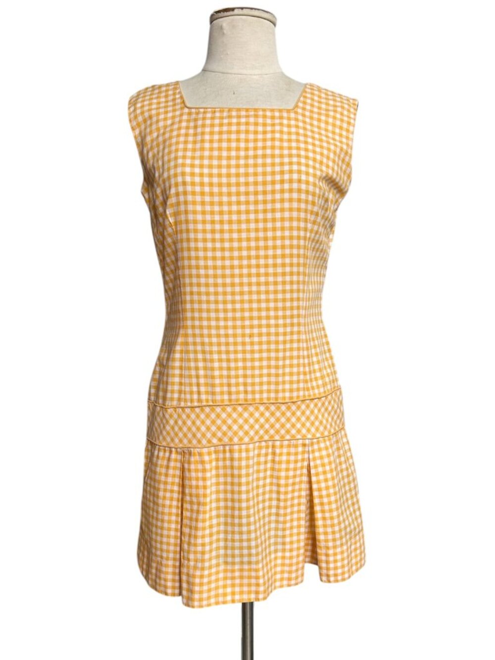 60s vintage dropwaist gingham sleeveless mini dress pleated preppy orange